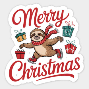 Merry Christmas Ice Skating Sloth with Scarf and Presents Sticker