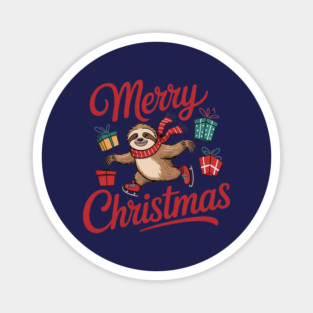 Merry Christmas Ice Skating Sloth with Scarf and Presents Magnet