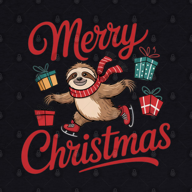 Merry Christmas Ice Skating Sloth with Scarf and Presents by BirdsnStuff