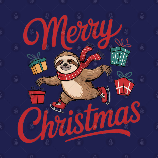Merry Christmas Ice Skating Sloth with Scarf and Presents by BirdsnStuff