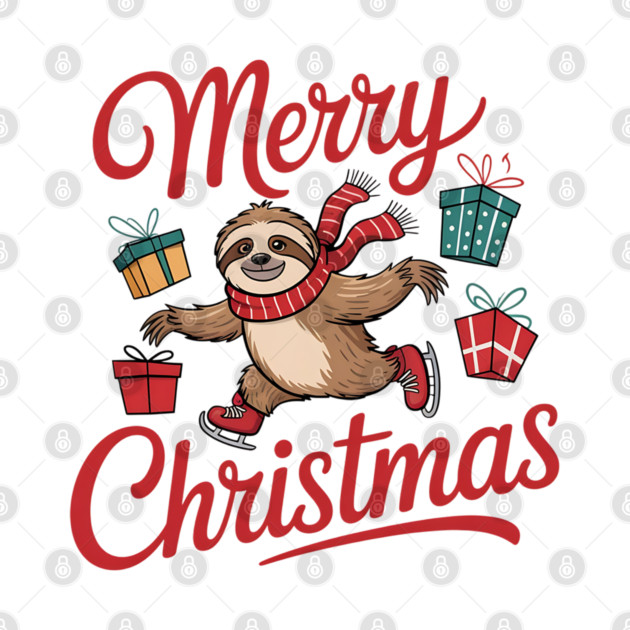 Merry Christmas Ice Skating Sloth with Scarf and Presents by BirdsnStuff