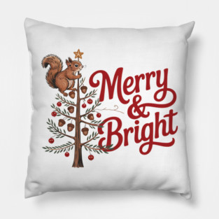 Merry and Bright Squirrel Tree Merry Christmas Design Pillow