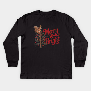 Merry and Bright Squirrel Tree Merry Christmas Design Kids Long Sleeve T-Shirt
