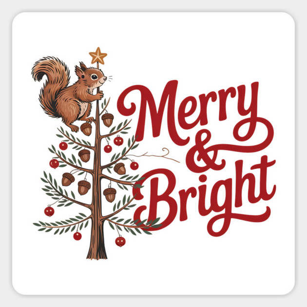 Merry and Bright Squirrel Tree Merry Christmas Design Magnet by BirdsnStuff