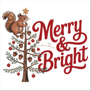 Merry and Bright Squirrel Tree Merry Christmas Design Posters and Art