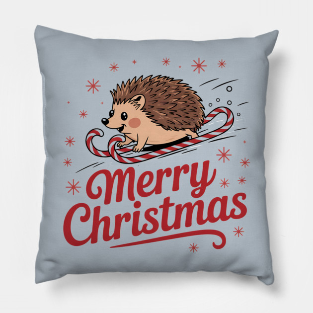 Merry Christmas Skiing Hedgehog Holiday Design Pillow by BirdsnStuff