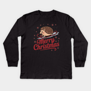 Merry Christmas Skiing Hedgehog Holiday Design Kids Long Sleeve T-Shirt