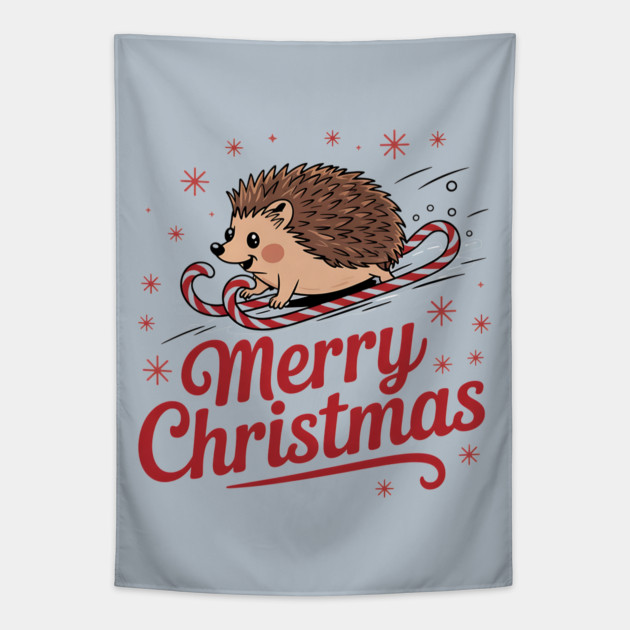 Merry Christmas Skiing Hedgehog Holiday Design Tapestry by BirdsnStuff
