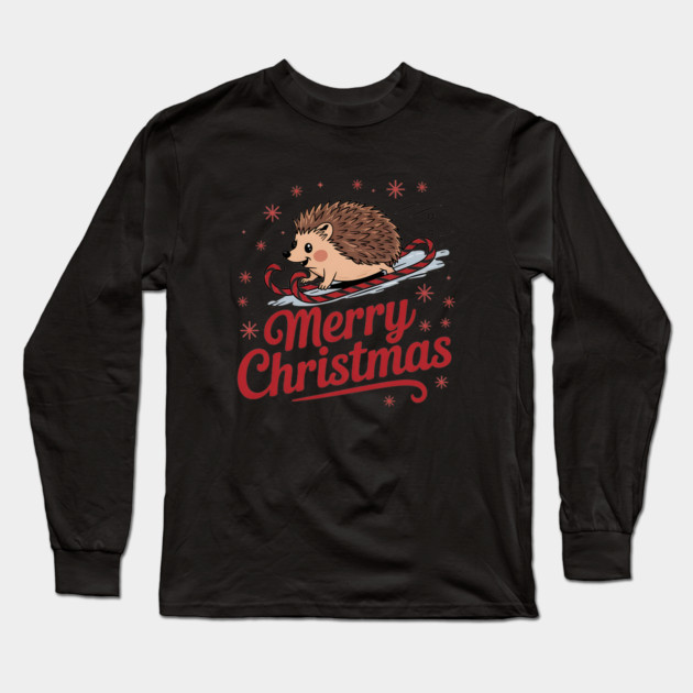 Merry Christmas Skiing Hedgehog Holiday Design Long Sleeve T-Shirt by BirdsnStuff