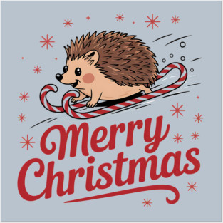Merry Christmas Skiing Hedgehog Holiday Design Posters and Art
