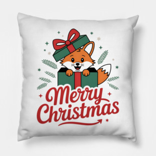 Merry Christmas Fox in a Box with Ribbon Animal Holiday Design Pillow