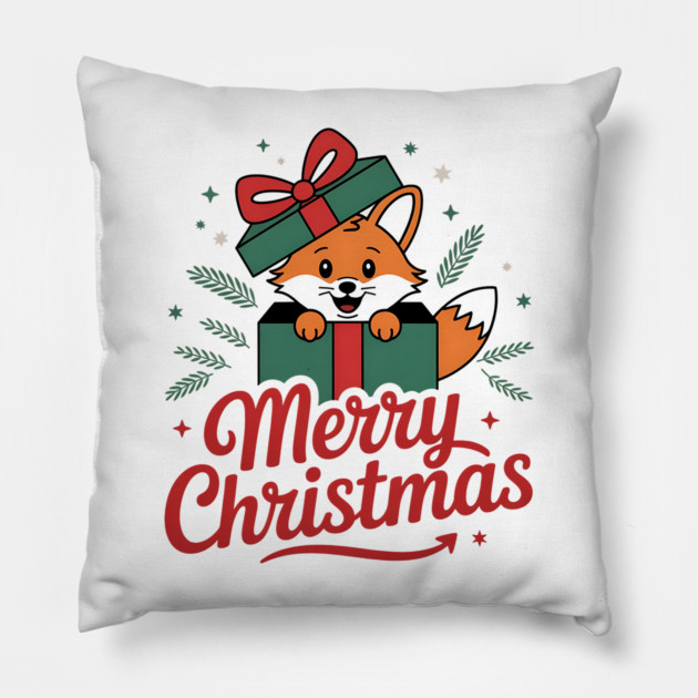 Merry Christmas Fox in a Box with Ribbon Animal Holiday Design Pillow by BirdsnStuff