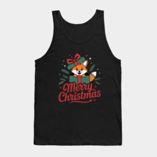 Merry Christmas Fox in a Box with Ribbon Animal Holiday Design Tank Top