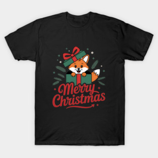 Merry Christmas Fox in a Box with Ribbon Animal Holiday Design T-Shirt