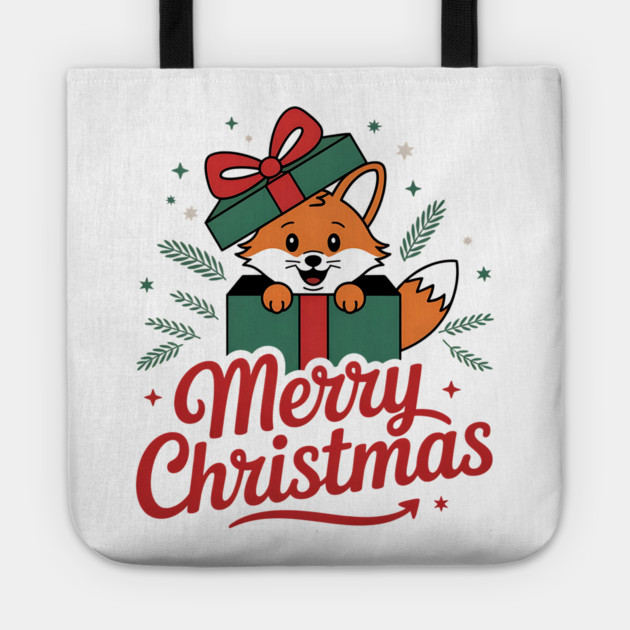 Merry Christmas Fox in a Box with Ribbon Animal Holiday Design Tote by BirdsnStuff