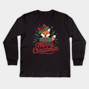Merry Christmas Fox in a Box with Ribbon Animal Holiday Design Kids Long Sleeve T-Shirt