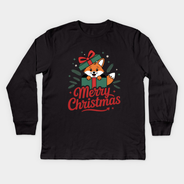 Merry Christmas Fox in a Box with Ribbon Animal Holiday Design Kids Long Sleeve T-Shirt by BirdsnStuff