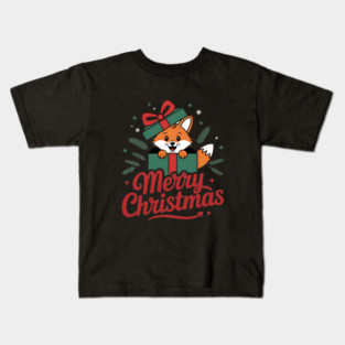 Merry Christmas Fox in a Box with Ribbon Animal Holiday Design Kids T-Shirt