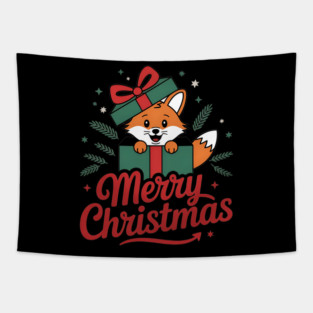 Merry Christmas Fox in a Box with Ribbon Animal Holiday Design Tapestry