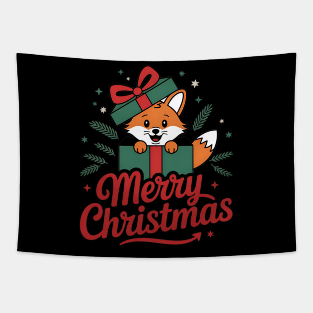 Merry Christmas Fox in a Box with Ribbon Animal Holiday Design Tapestry by BirdsnStuff