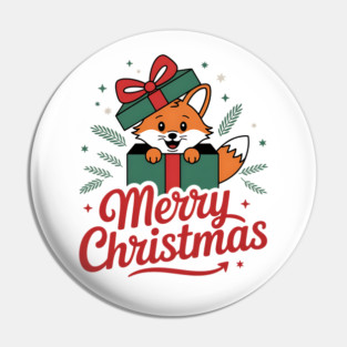 Merry Christmas Fox in a Box with Ribbon Animal Holiday Design Pin