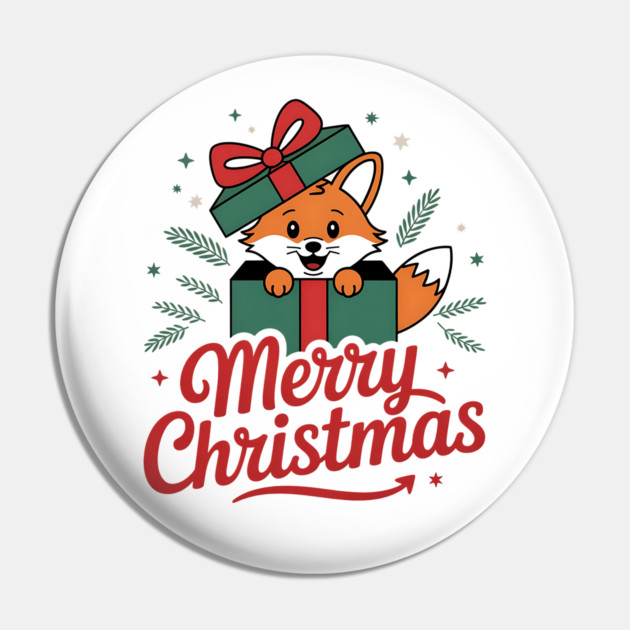Merry Christmas Fox in a Box with Ribbon Animal Holiday Design Pin by BirdsnStuff