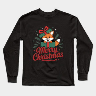 Merry Christmas Fox in a Box with Ribbon Animal Holiday Design Long Sleeve T-Shirt