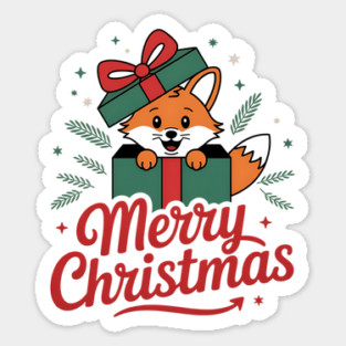 Merry Christmas Fox in a Box with Ribbon Animal Holiday Design Sticker