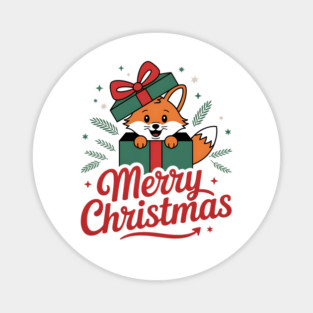 Merry Christmas Fox in a Box with Ribbon Animal Holiday Design Magnet