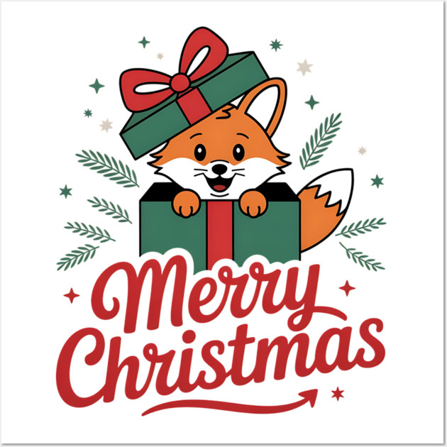 Merry Christmas Fox in a Box with Ribbon Animal Holiday Design Wall Art by BirdsnStuff