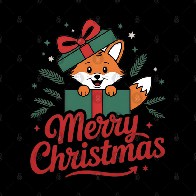 Merry Christmas Fox in a Box with Ribbon Animal Holiday Design by BirdsnStuff