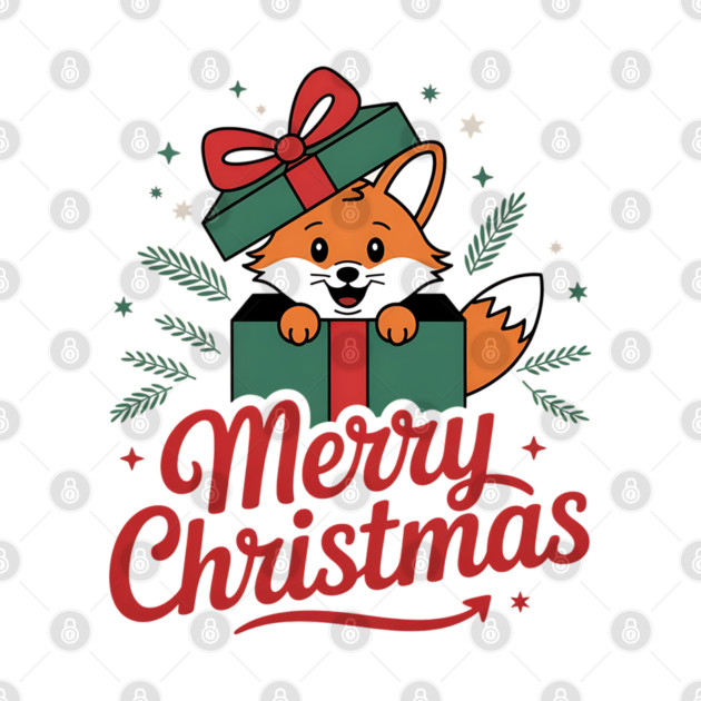 Merry Christmas Fox in a Box with Ribbon Animal Holiday Design by BirdsnStuff