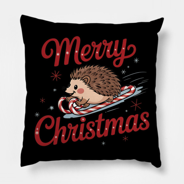 Skiing Hedgehog Merry Christmas Holiday Design Pillow by BirdsnStuff