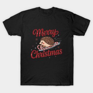 Skiing Hedgehog Merry Christmas Holiday Design T-Shirt