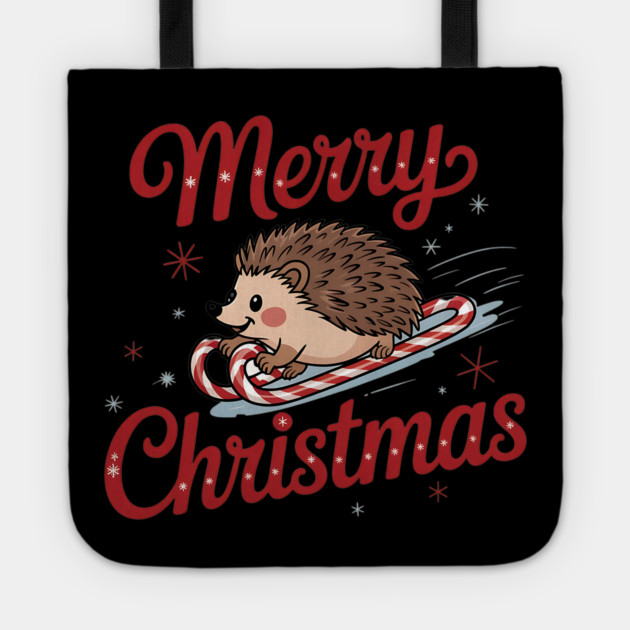 Skiing Hedgehog Merry Christmas Holiday Design Tote by BirdsnStuff