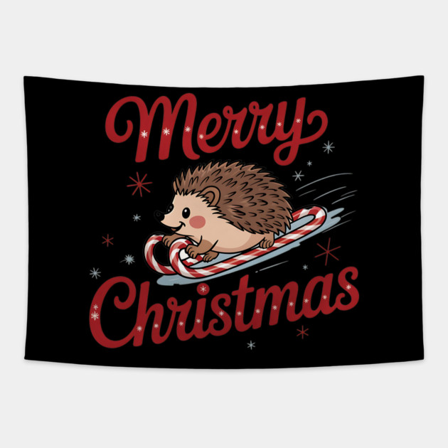 Skiing Hedgehog Merry Christmas Holiday Design Tapestry by BirdsnStuff