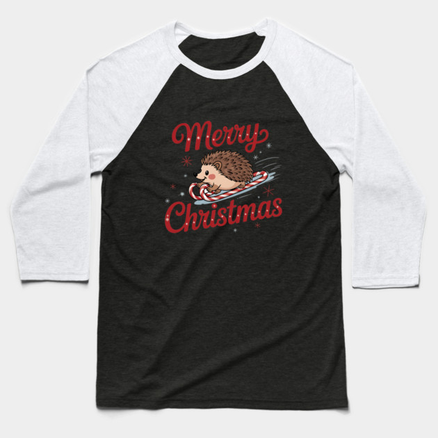 Skiing Hedgehog Merry Christmas Holiday Design Baseball T-Shirt by BirdsnStuff