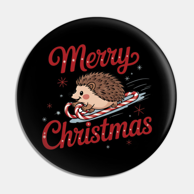 Skiing Hedgehog Merry Christmas Holiday Design Pin by BirdsnStuff