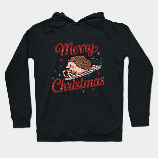 Skiing Hedgehog Merry Christmas Holiday Design Hoodie by BirdsnStuff