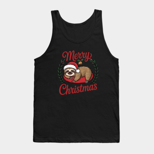 Lazy Sleeping Christmas Holiday Sloth in Santa Hat Tank Top by BirdsnStuff