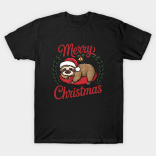 Lazy Sleeping Christmas Holiday Sloth in Santa Hat T-Shirt