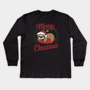 Lazy Sleeping Christmas Holiday Sloth in Santa Hat Kids Long Sleeve T-Shirt