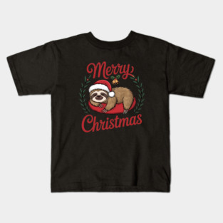 Lazy Sleeping Christmas Holiday Sloth in Santa Hat Kids T-Shirt