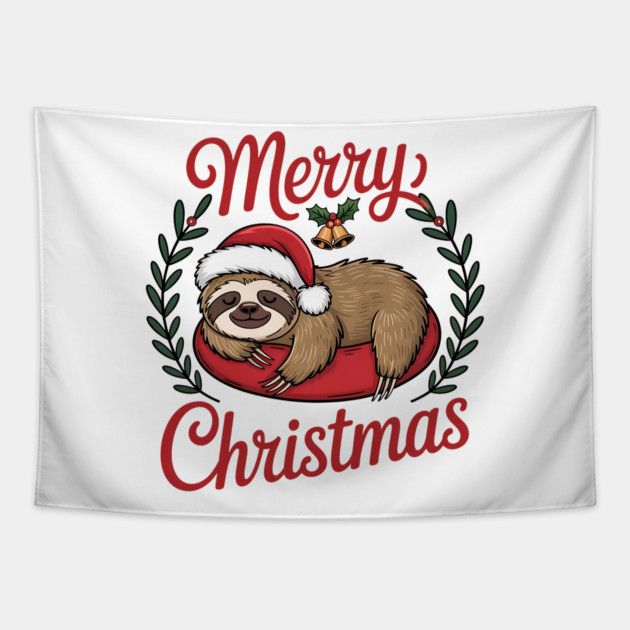 Lazy Sleeping Christmas Holiday Sloth in Santa Hat Tapestry by BirdsnStuff