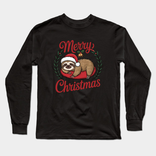 Lazy Sleeping Christmas Holiday Sloth in Santa Hat Long Sleeve T-Shirt by BirdsnStuff