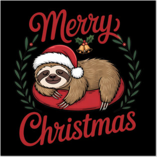 Lazy Sleeping Christmas Holiday Sloth in Santa Hat Posters and Art