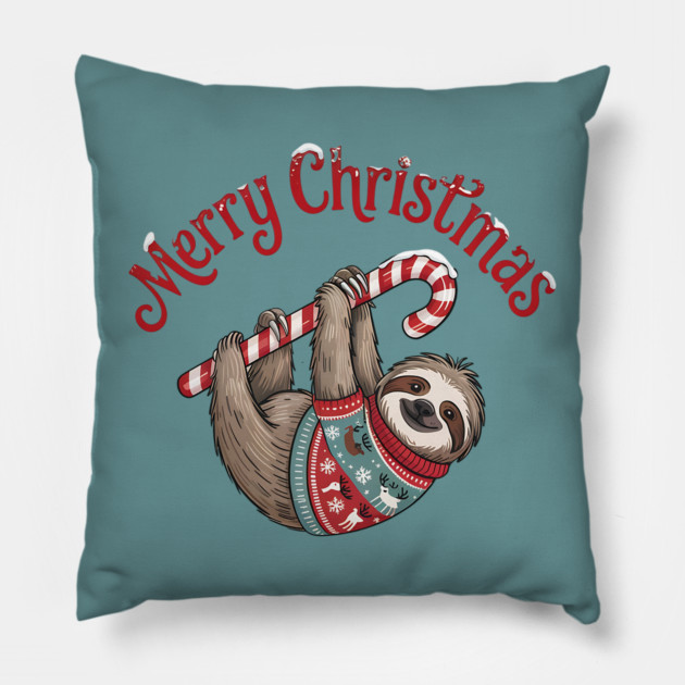 Merry Christmas Sweater Sloth Animal Celebration Design Pillow by BirdsnStuff