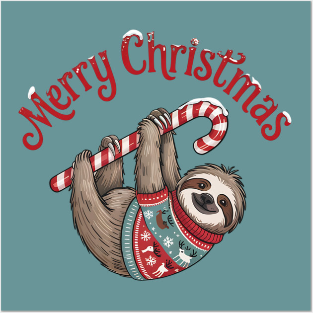 Merry Christmas Sweater Sloth Animal Celebration Design Wall Art by BirdsnStuff