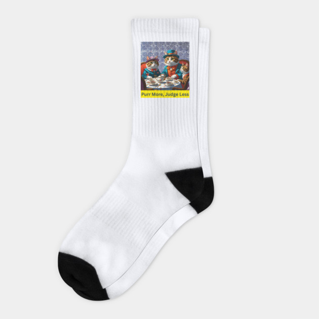 Purr More, Judge Less – Indigo Hmong Cat Wisdom Socks by Pimcolle