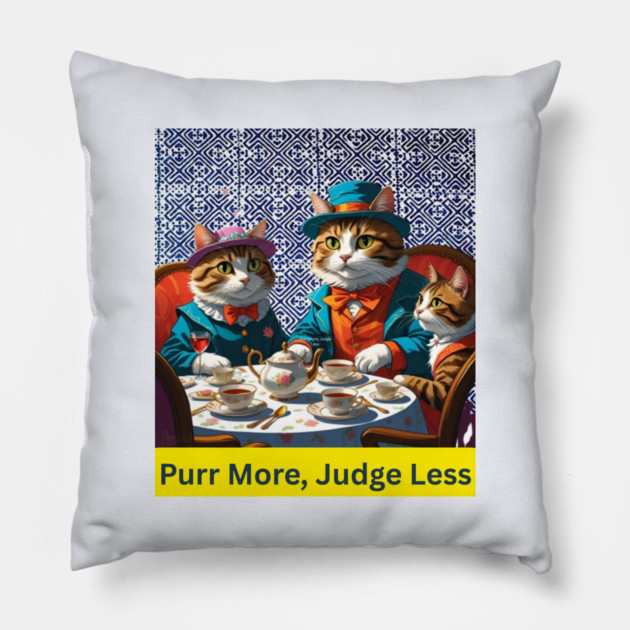 Purr More, Judge Less – Indigo Hmong Cat Wisdom Pillow by Pimcolle